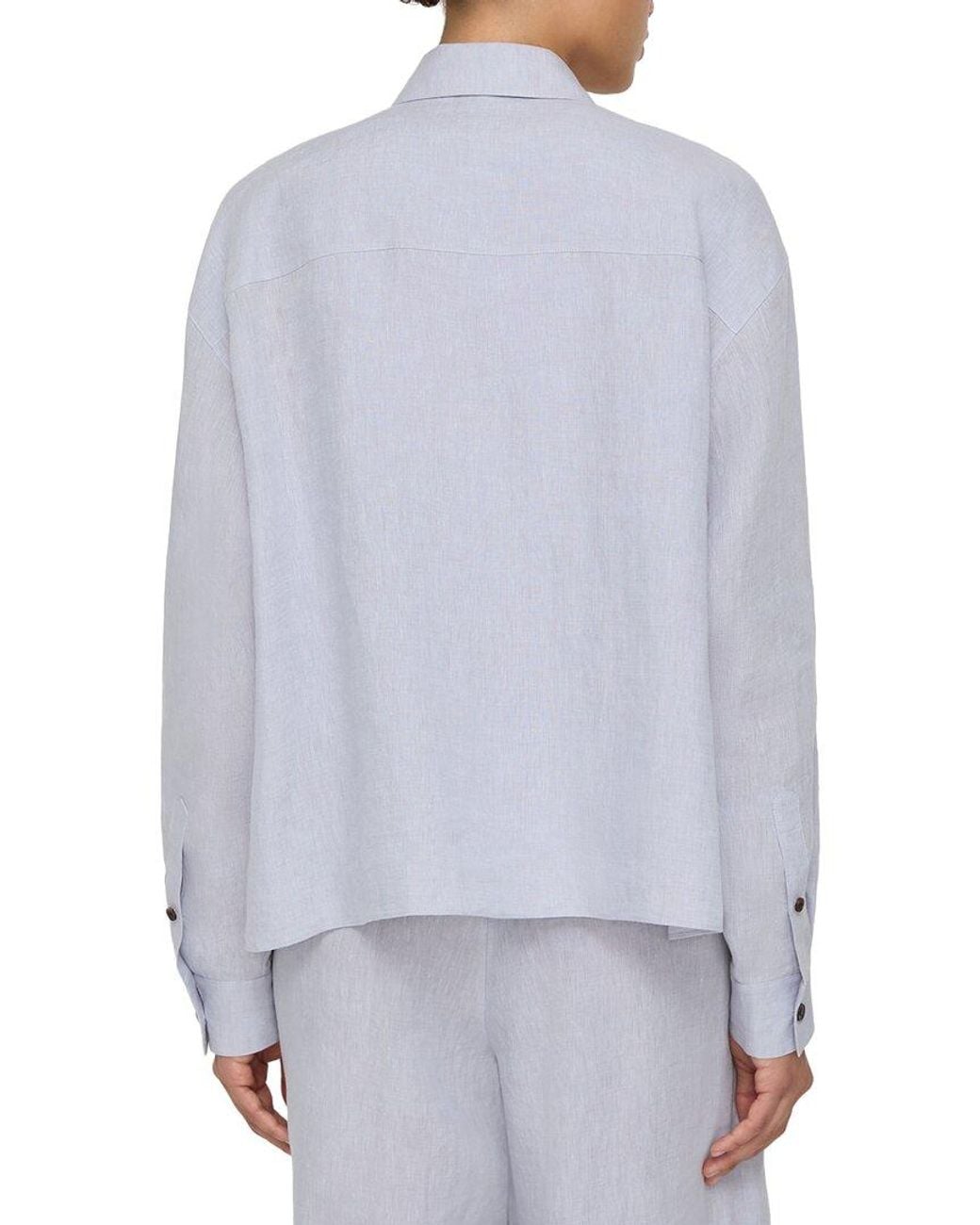 Lafayette 148 New York Blue Cropped Linen Boyfriend Shirt