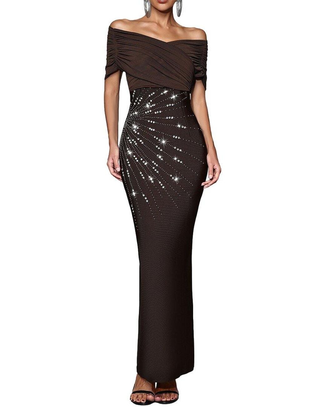 Dilireba Black Off Shoulder Embellished Maxi Dress