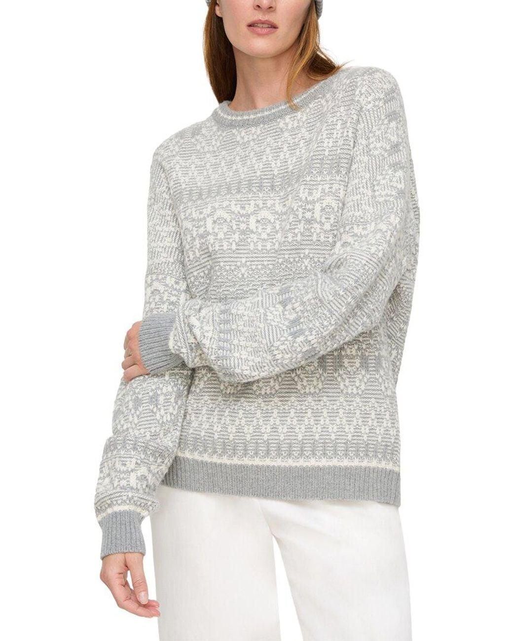 Lafayette 148 New York Gray Rounded Sleeve Fair Isle Wool & Cashmere-blend Sweater