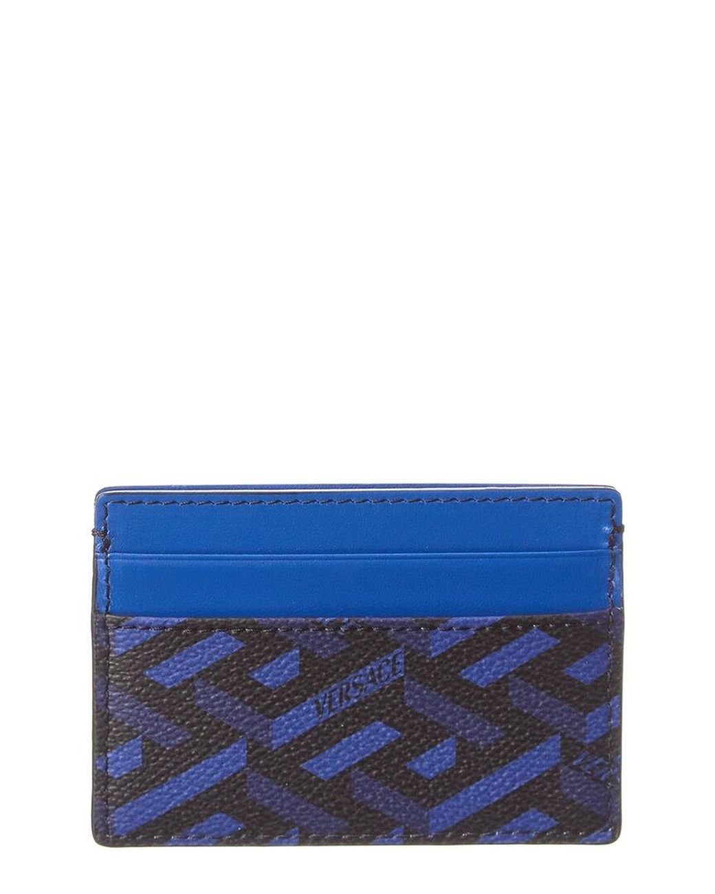 Versace La Greca Coated Canvas & Leather Card Holder in Blue | Lyst