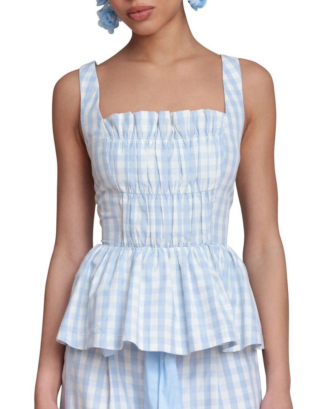 Avec Les Filles Blue Smocked Detail Peplum Top
