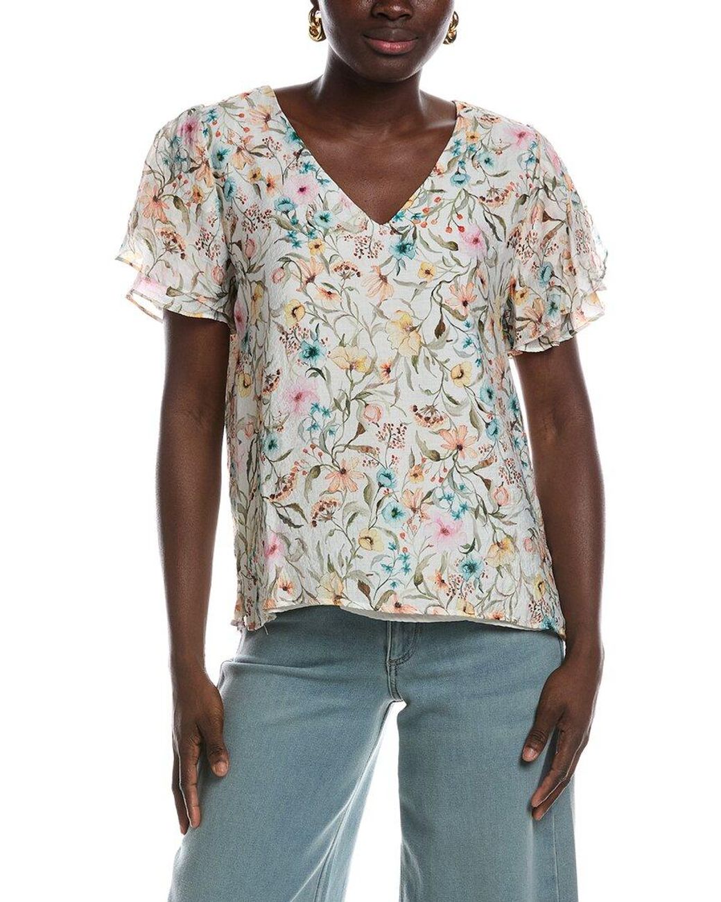 Vince Camuto White V-Neck Tulip Sleeve Blouse