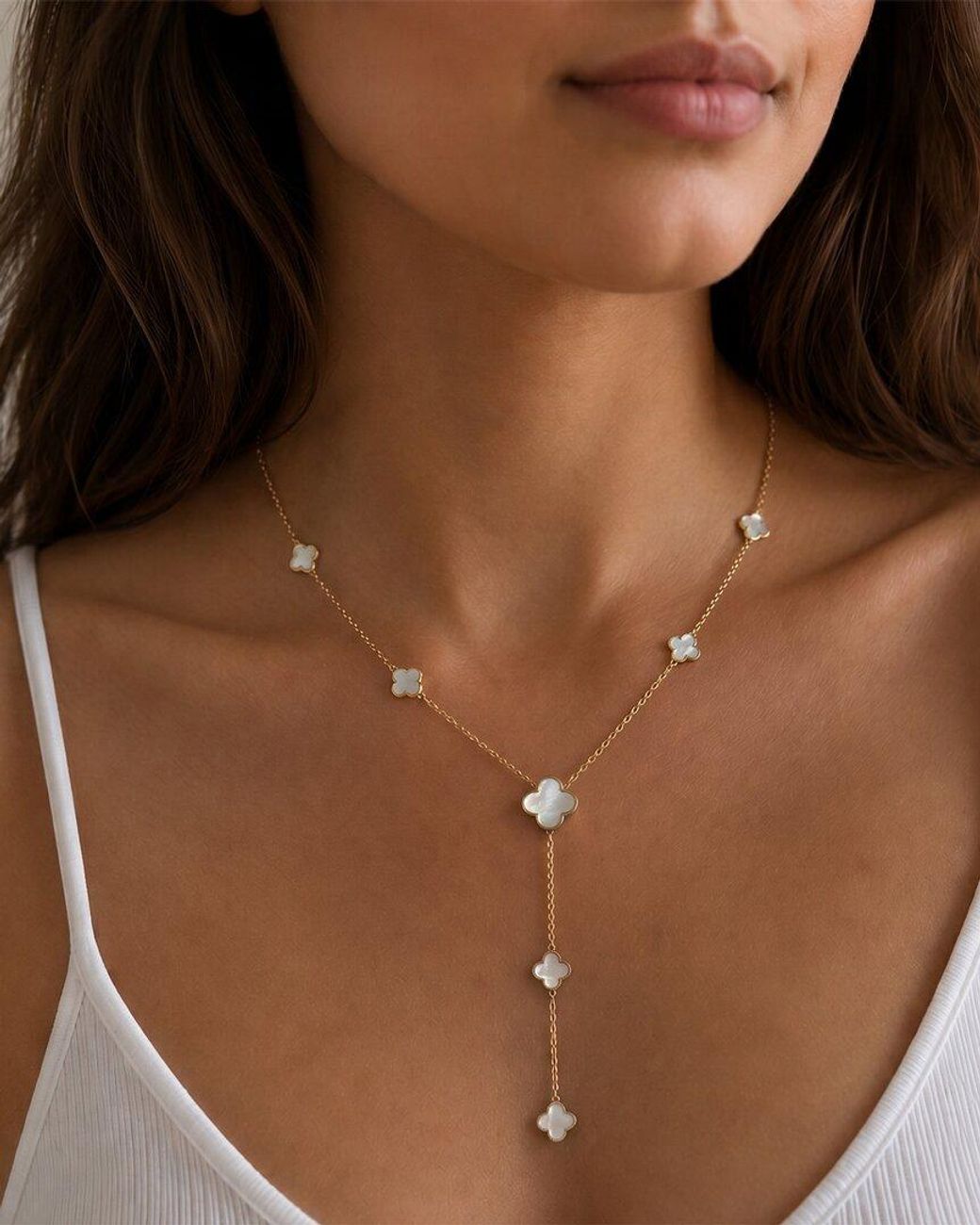 Italian Gold Metallic 14K Mother Of Pearl Lariat Necklace