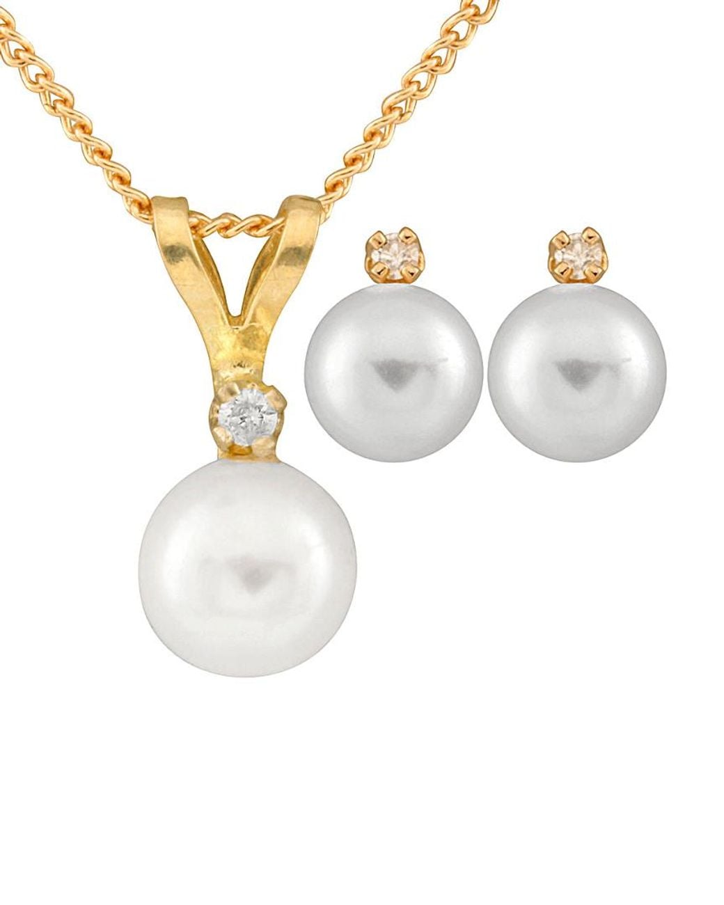 Splendid White 14K 0.03 Ct. Tw. Diamond & 5-5.5Mm Akoya Pearl Necklace & Studs Set