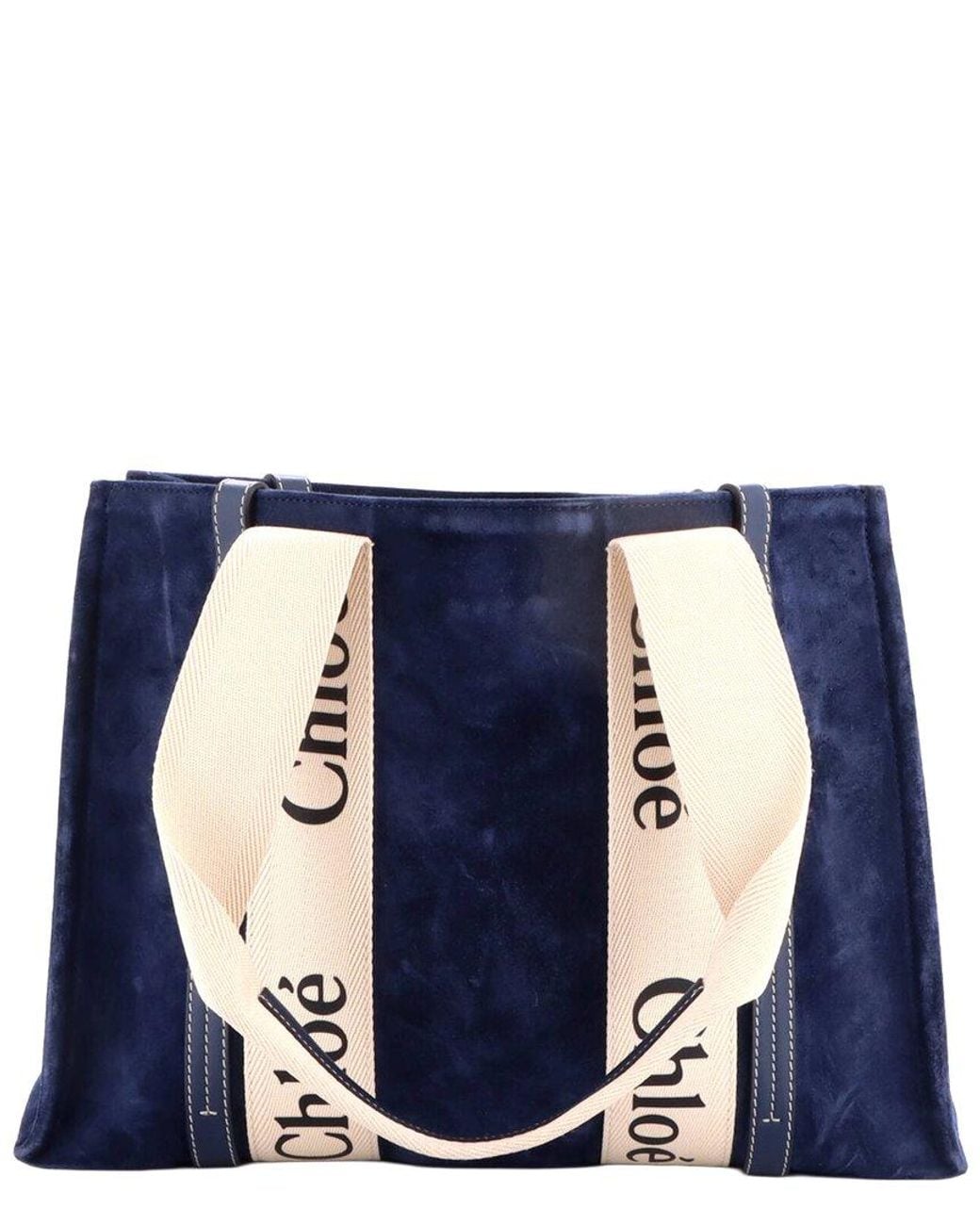 Chloé Blue Suede & Canvas Woody Tote Medium (Authentic Pre-Loved)