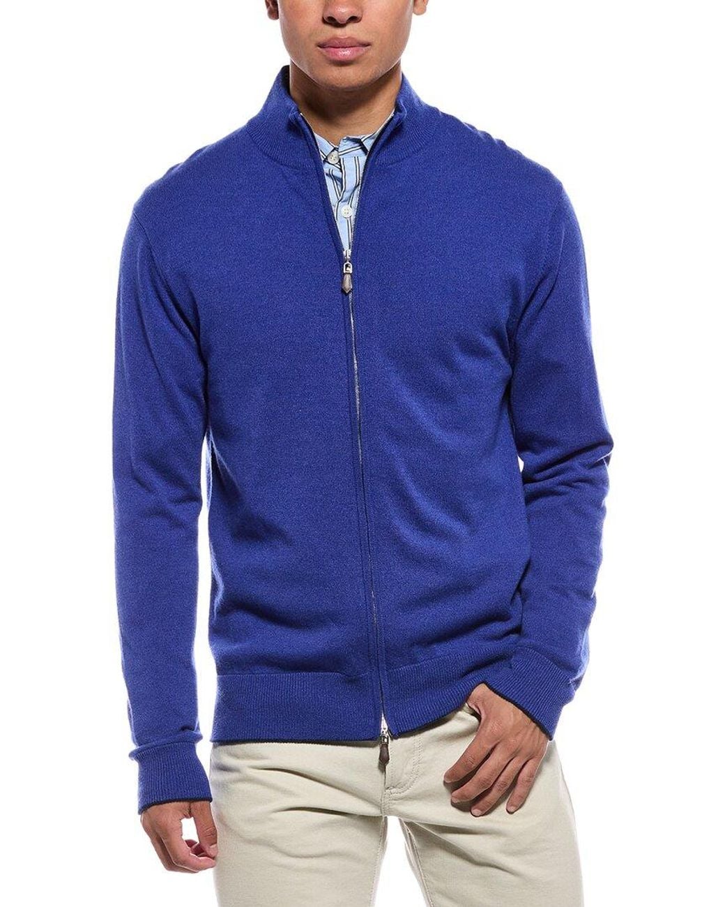 N.Peal Cashmere Blue Knightsbridge Full Zip 100% Cashmere Mock Neck Sweater for men