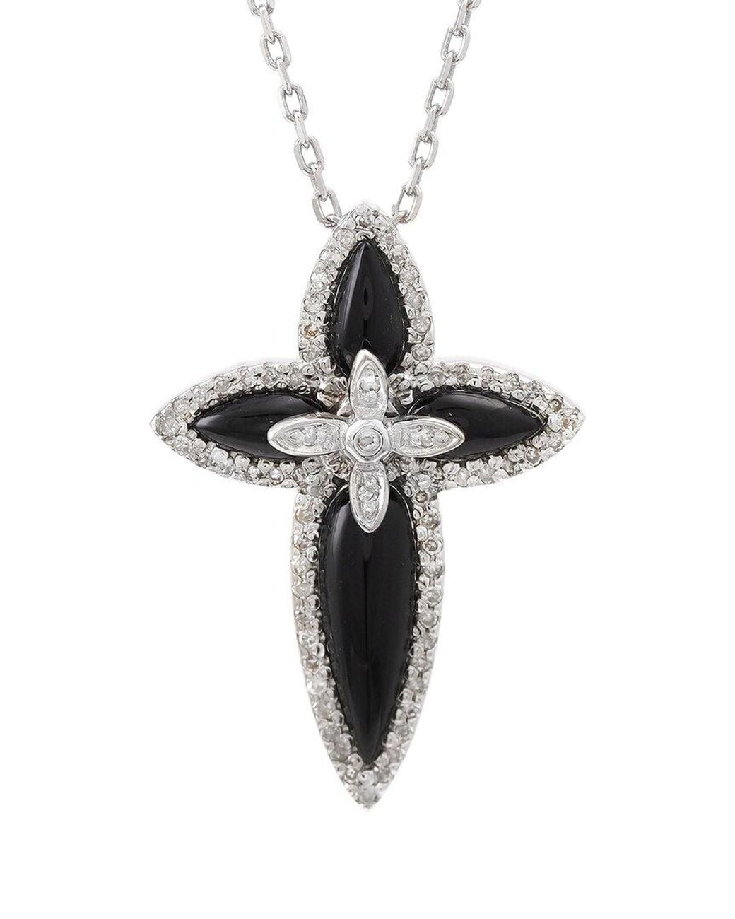 Diamond Select Cuts Multicolor Silver 0.22 Ct. Tw. Diamond & Onyx Cross Necklace