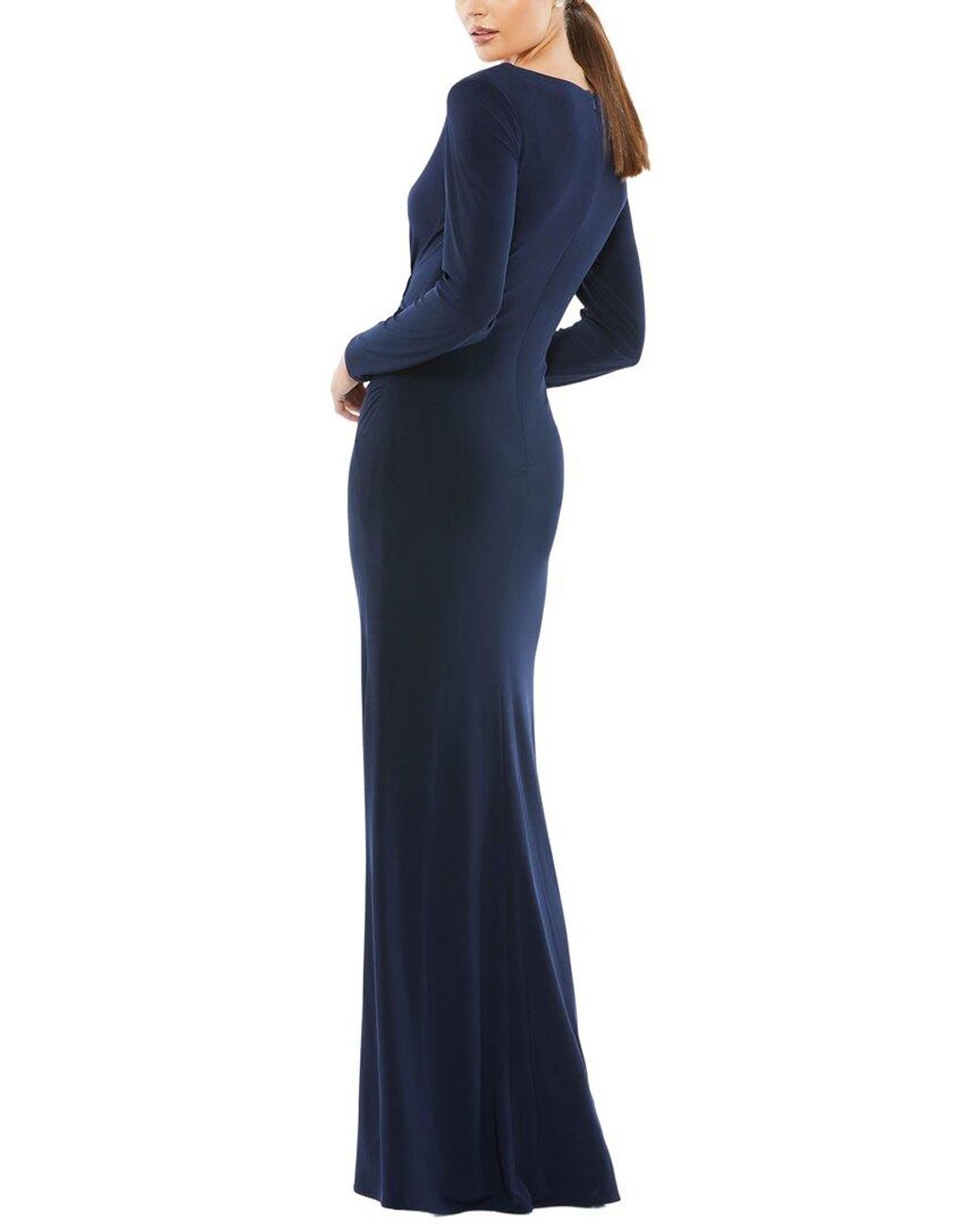 Mac Duggal Blue Long Sleeve Ruched Jersey V-Neck Gown