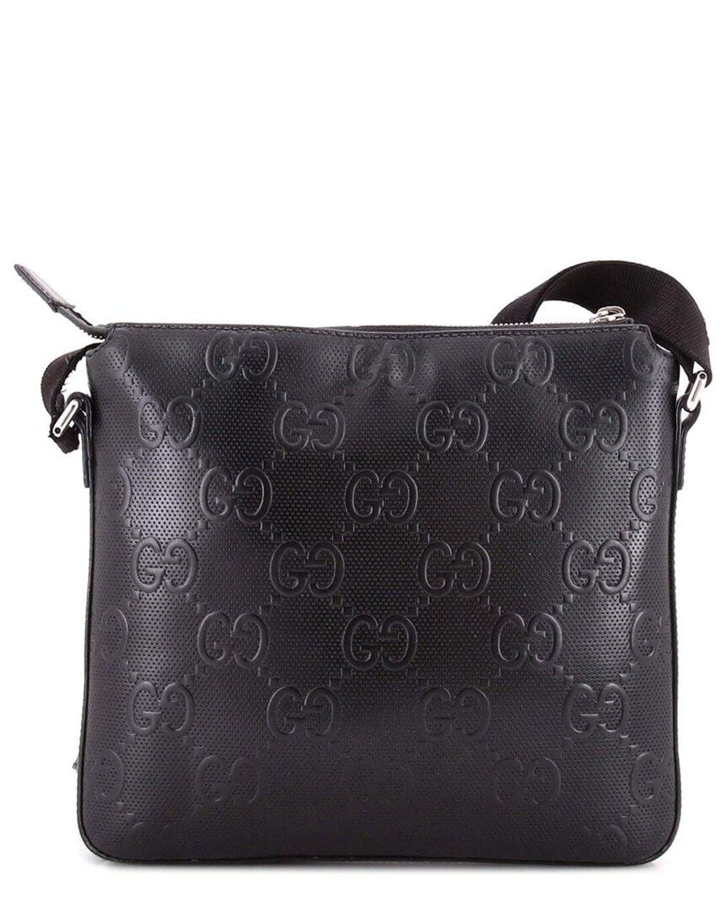 Gucci Black Gg Embossed Perforated Leather Front Zip Messenger Small (Authentic Pre-Loved)