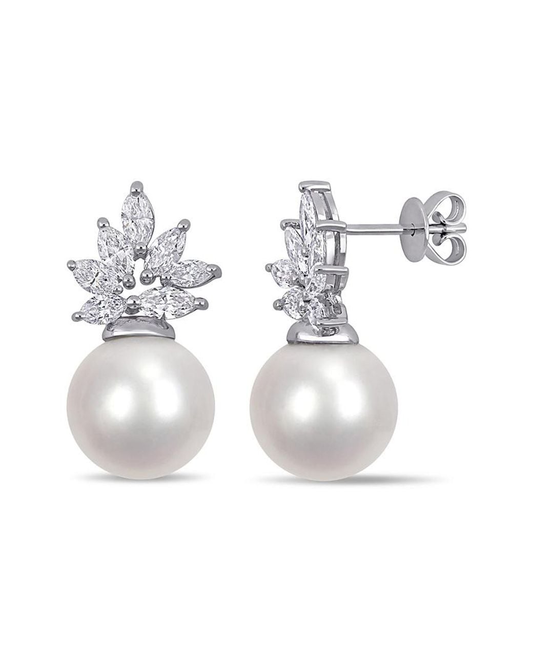 Pearls White 14k 1.46 Ct. Tw. Diamond & 11-12mm South Sea Pearl Earrings