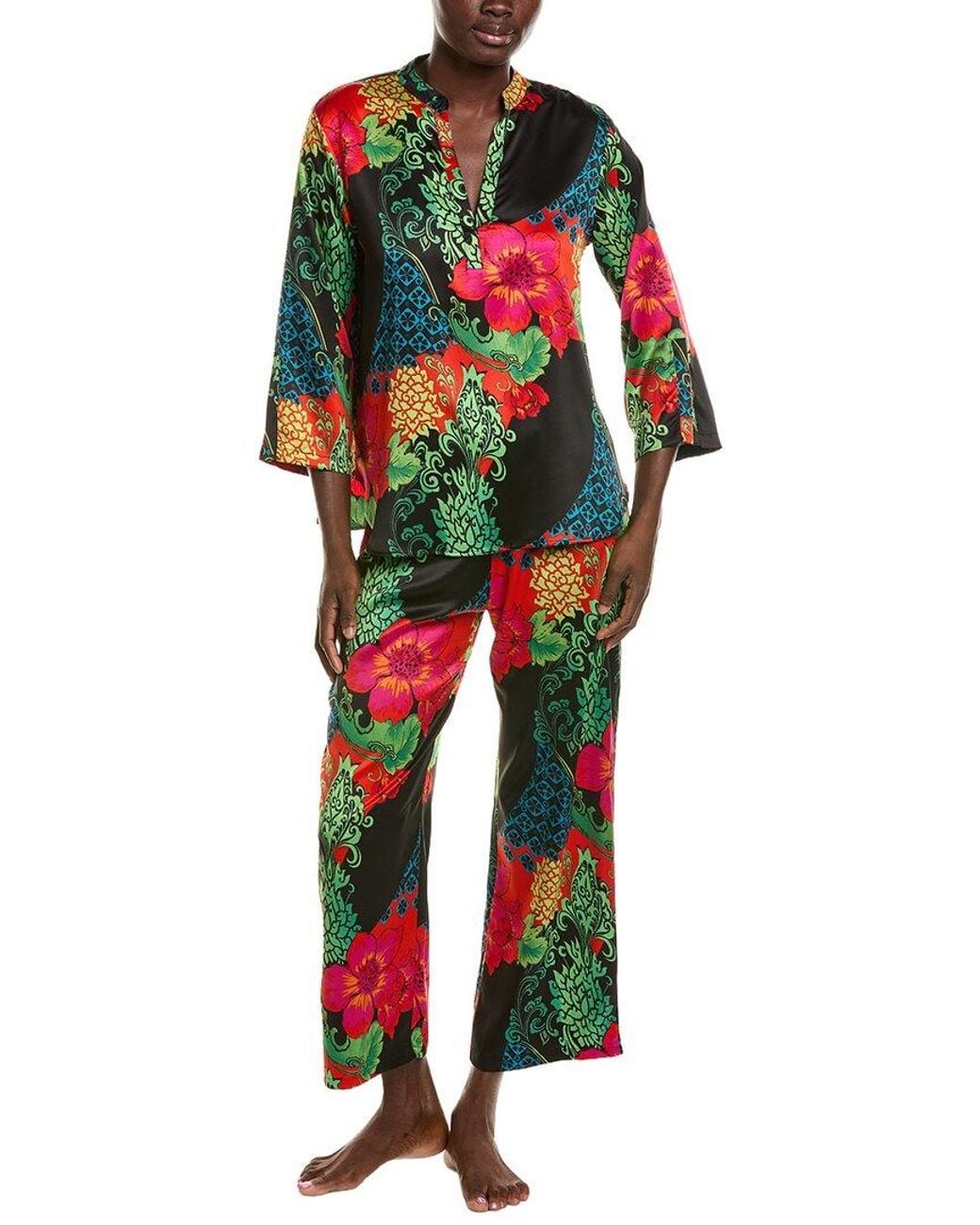 Natori Black 2Pc Harvest Printed Satin Mandarin Pajama Set