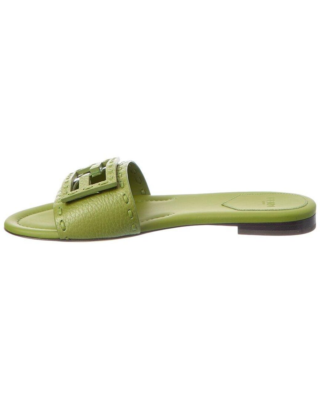 Fendi Green Baguette Leather Flat Sandal