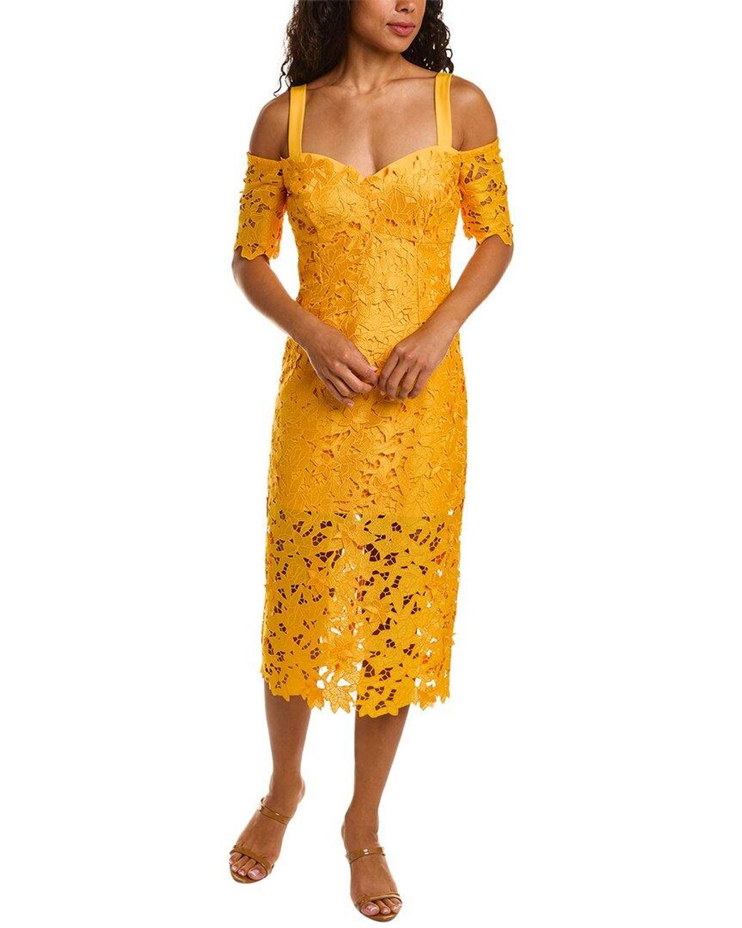 Zac Posen Yellow 3D Guipure Lace Midi Dress