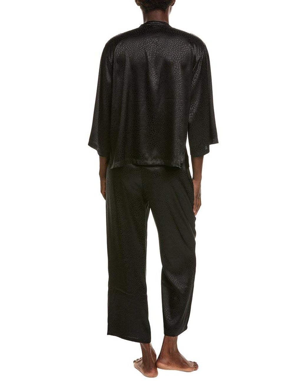 Natori Black 2Pc Wilderness Satin Jacquard Button Down Pajama Set