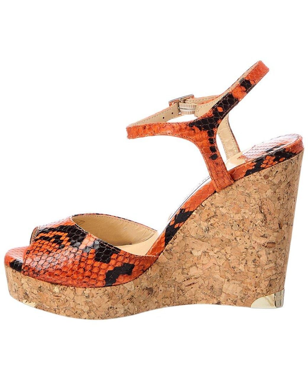 Jimmy Choo Orange Perla 120 Snake-Embossed Leather Wedge Sandal