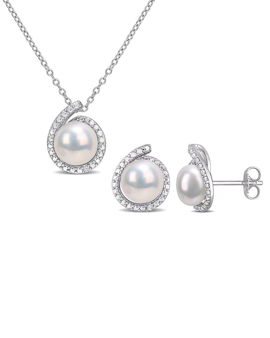 Rina Limor Metallic Silver Diamond 8-8.5mm Pearl Halo Set