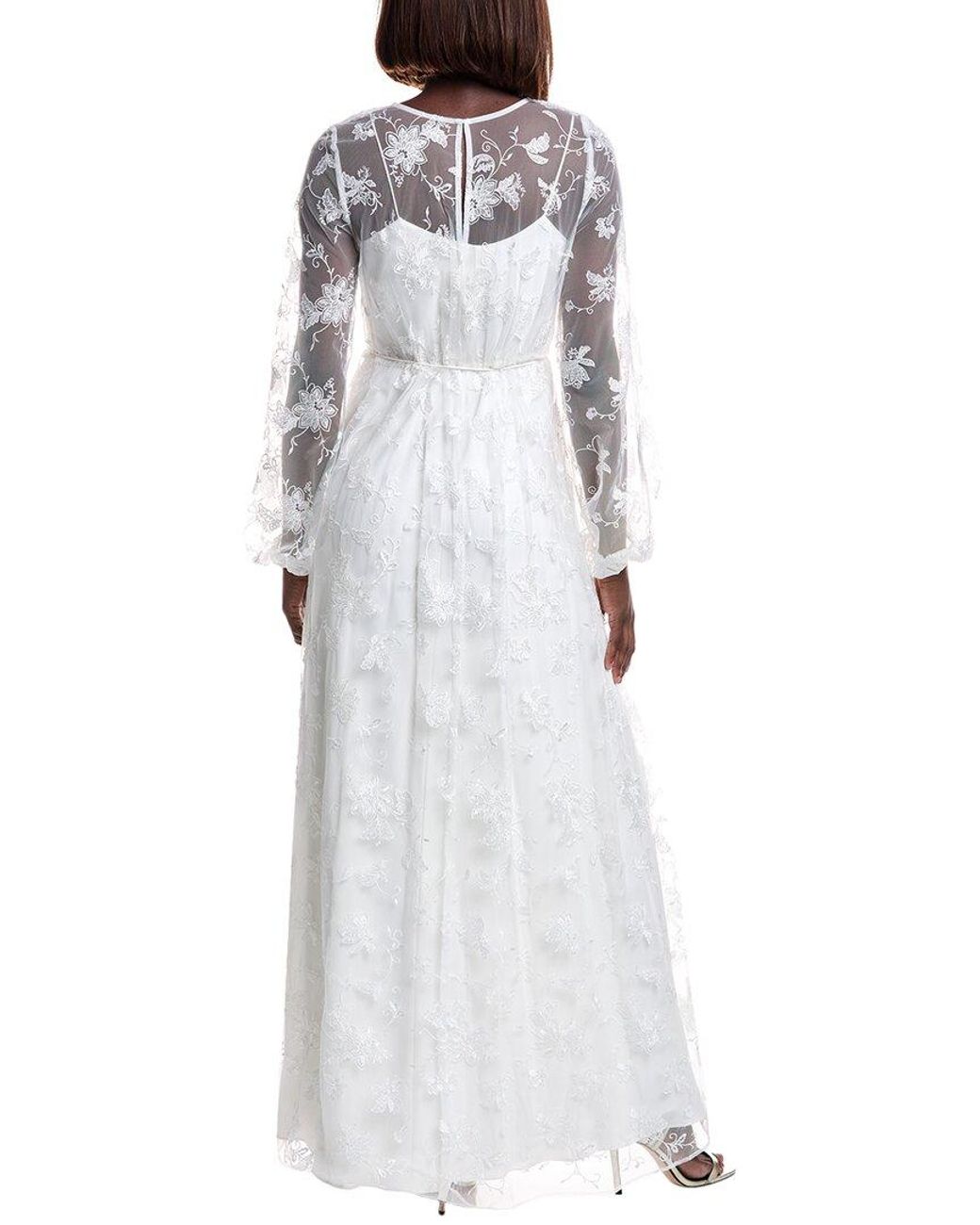 ML Monique Lhuillier White Embroidered Tulle Lace Maxi Dress