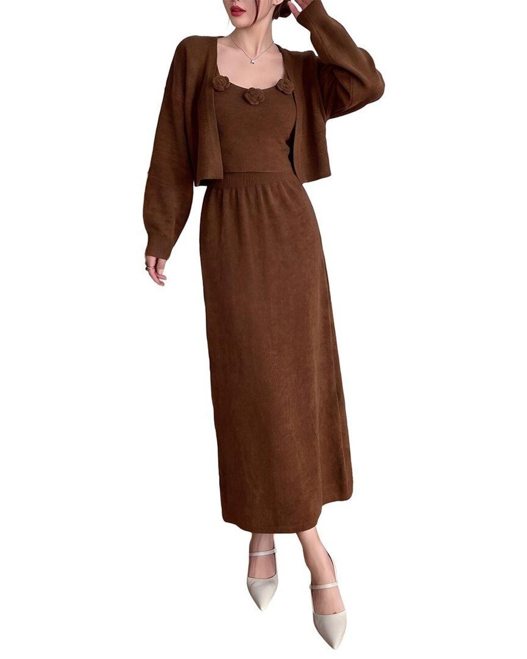 Tedora Brown 3P Cardigan, Top, & Skirt Set