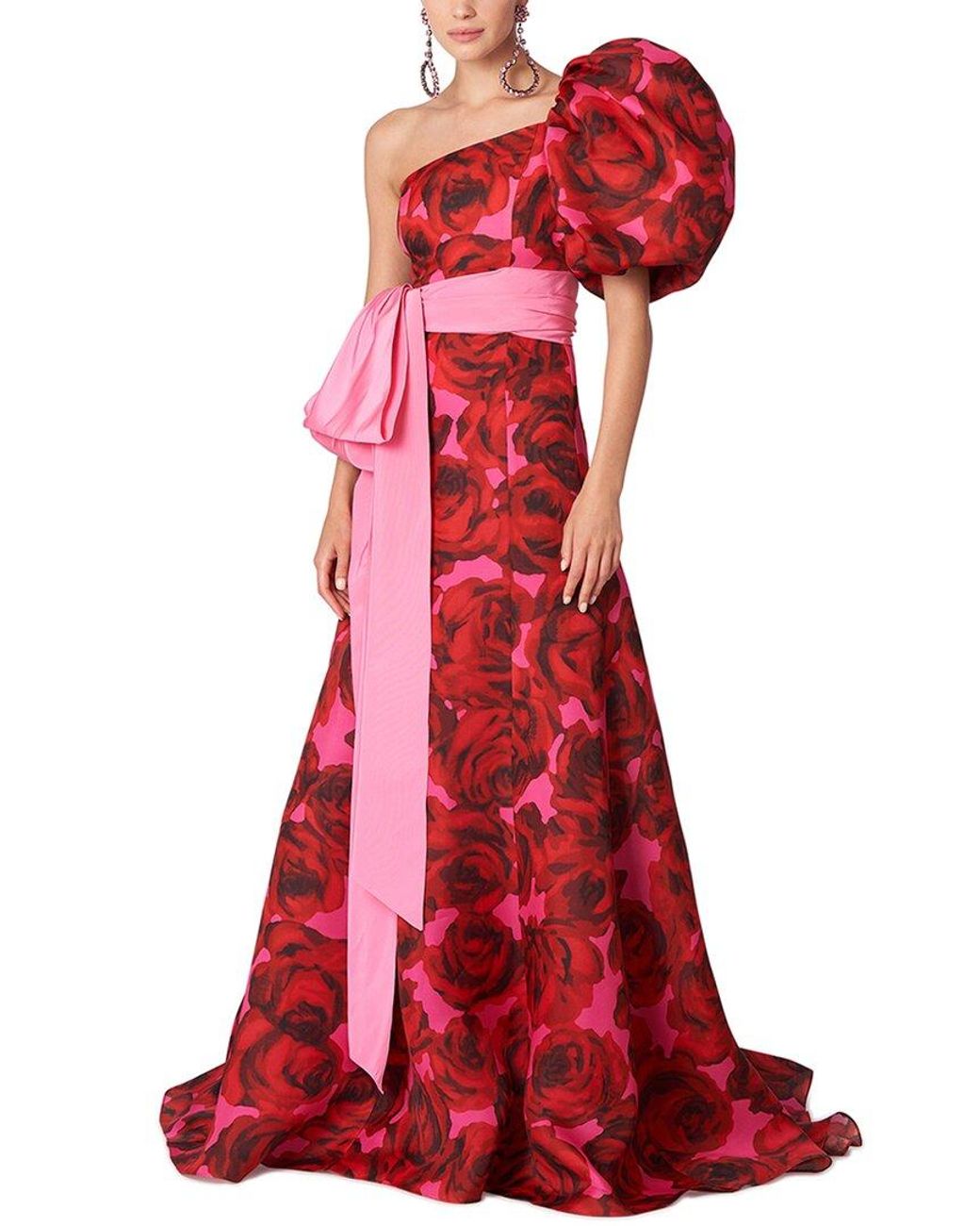 Carolina Herrera Shirred Puff Sleeve Silk Sarong Gown