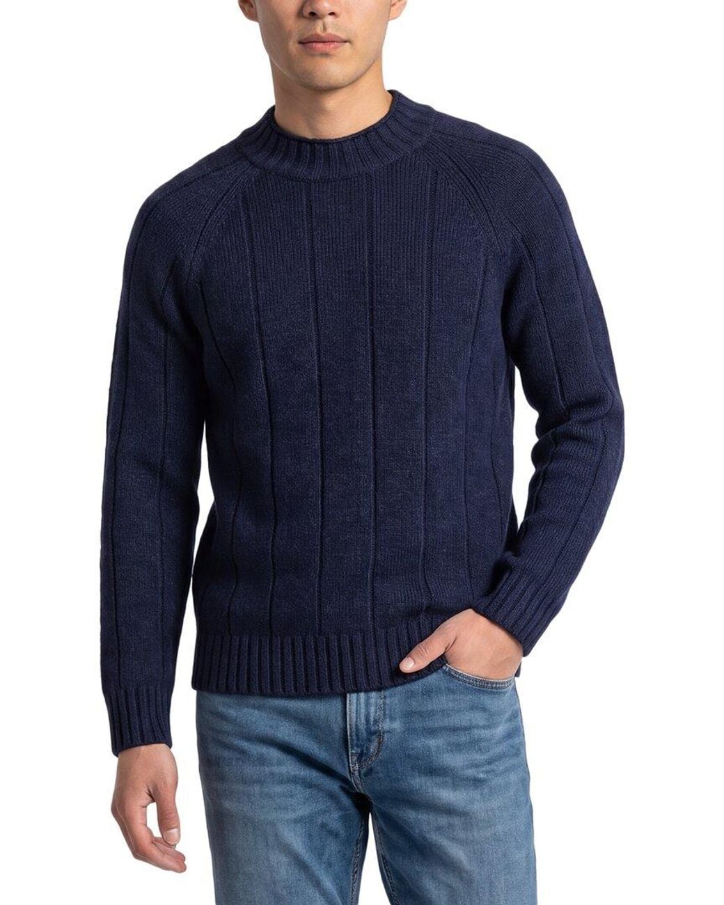 N.Peal Cashmere Blue Spitalfields Rib 100% Cashmere Funnel Neck Sweater for men