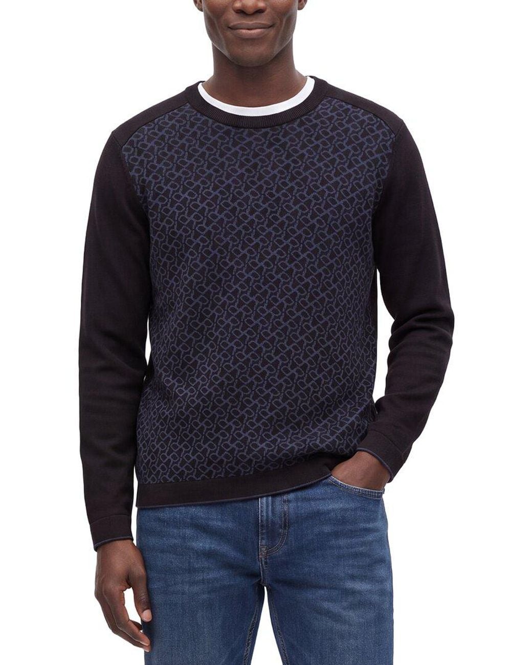 Raffi Blue Jacquard Crewneck Sweater for men
