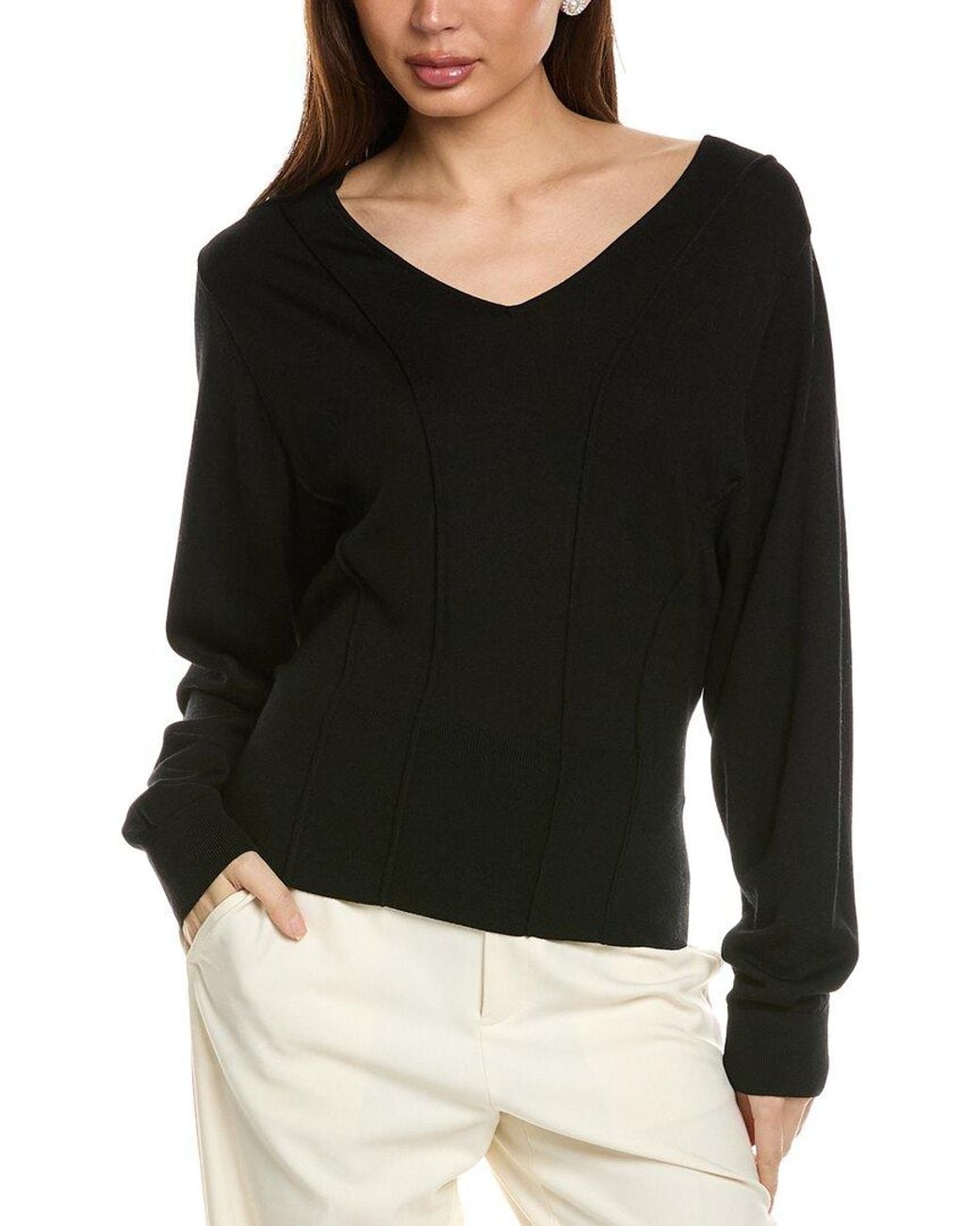 Lafayette 148 New York Black Wool Convertible V-Neck Sweater