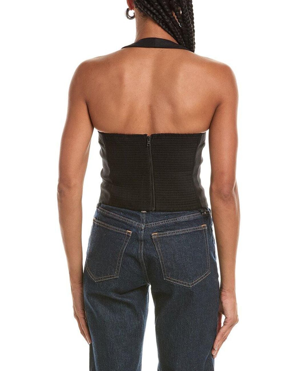 Alice + Olivia Black Fiona Halter Linen-Blend Cropped Top