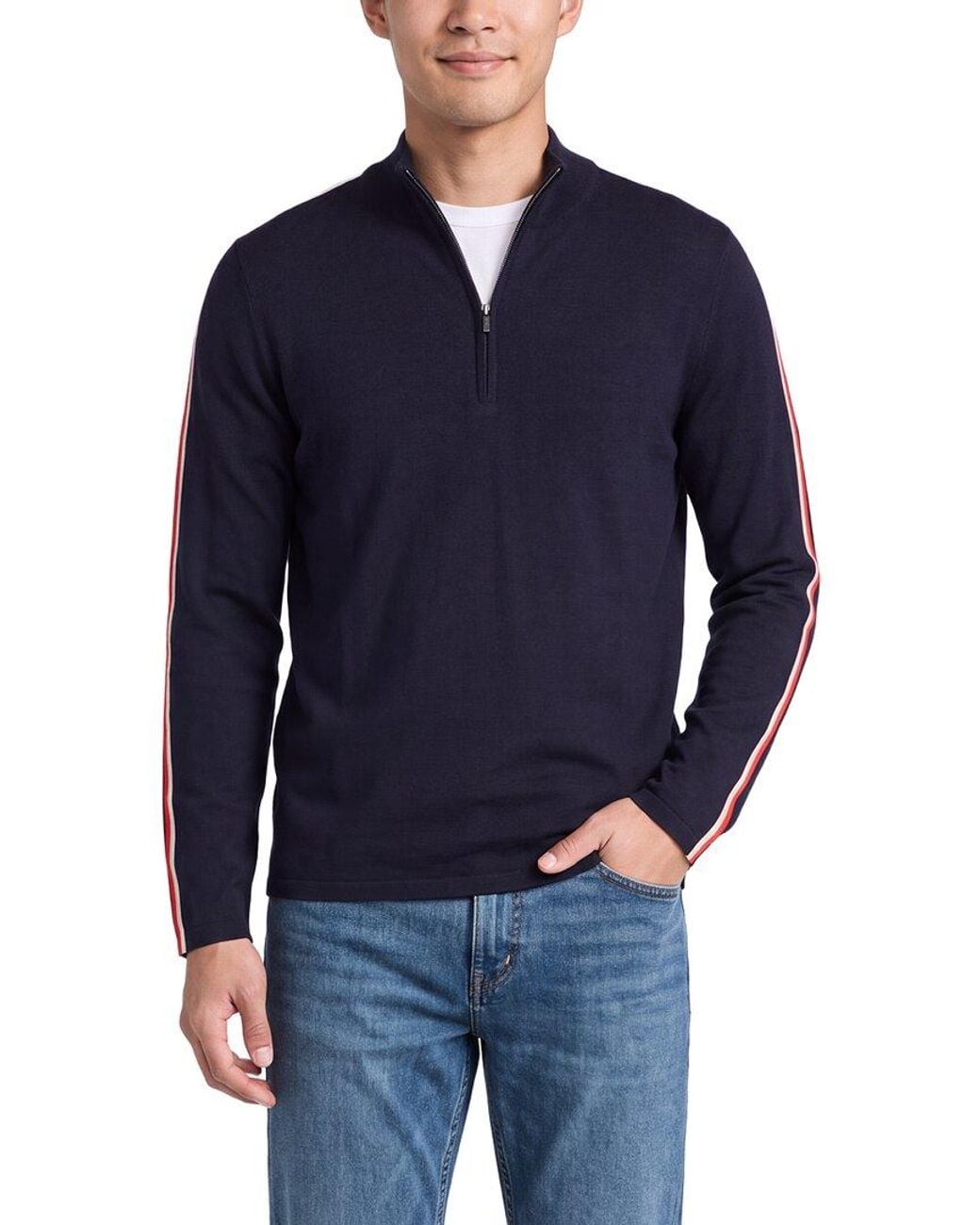 N.Peal Cashmere Blue Stripe 1/2-Zip Cashmere-Blend Mock Neck Sweater for men