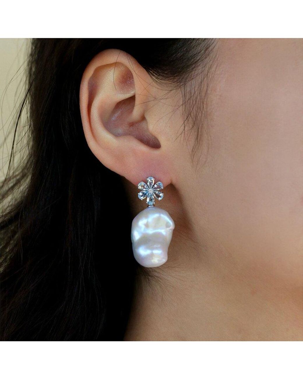 Kai Fine Jewelry White 14K 2.63 Ct. Tw. Diamond & Aquamarine & 16-17Mm Pearl Drop Earrings