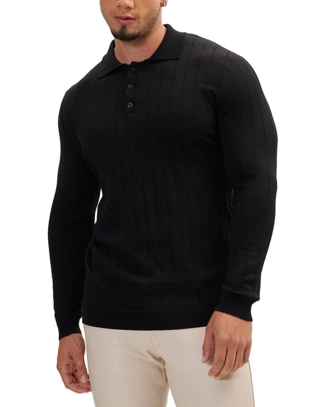 Ron Tomson Black Slip-Stitch Polo Neck Long Sleeve Sweater for men