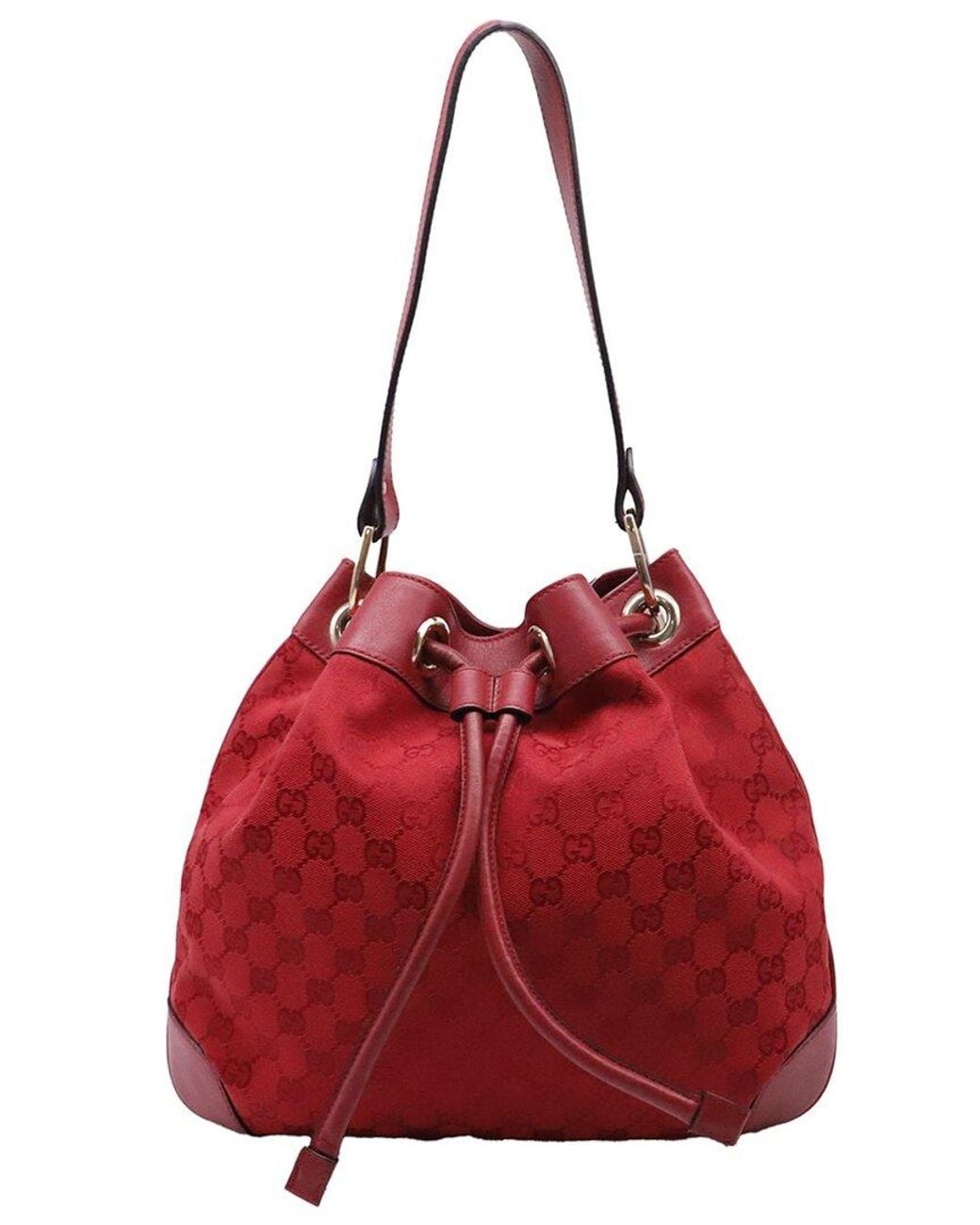 Gucci Red Burgundy Canvas Gg Monogram Drawstring Bucket Shoulder Bag (Authentic Pre-Loved)