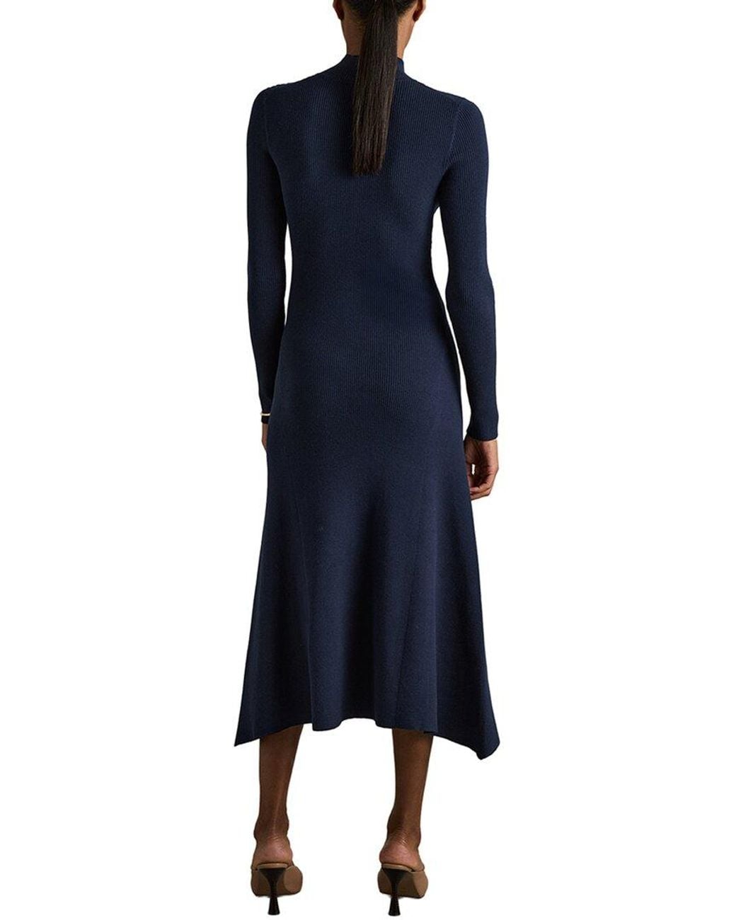 Reiss Blue Hannah-Plain Fluted Knitted Midi Dress