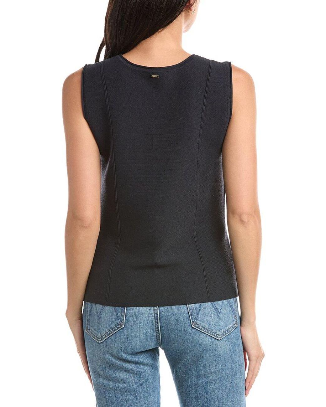 St. John Black Scoop Rolled Neck Cap Sleeve Knit Top