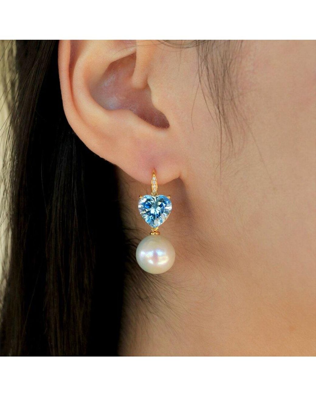 Kai Fine Jewelry Blue 14K 9.85 Ct. Tw. Diamond & Topaz & 12-13Mm Pearl Drop Earrings