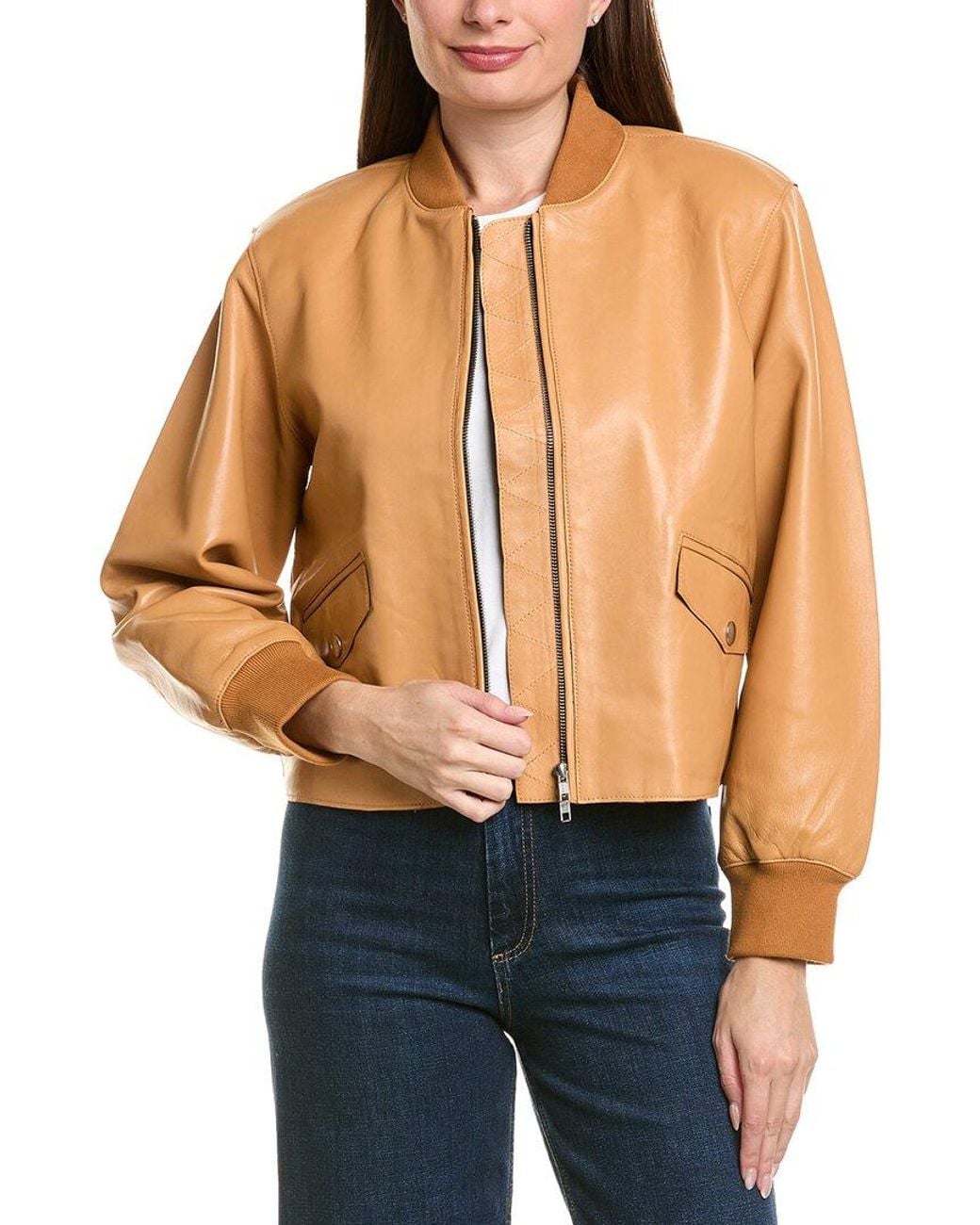 Neiman Marcus Blue Cropped Zip Front Leather Bomber Jacket