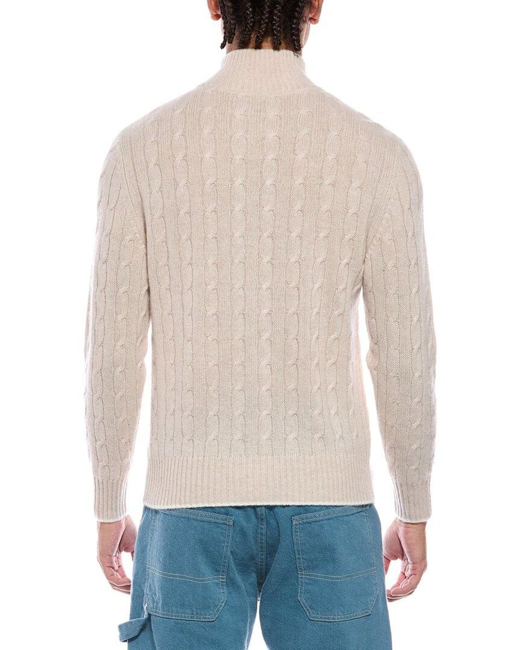 N.Peal Cashmere White Contrast Cable Full Zip 100% Cashmere Mock Neck Sweater for men