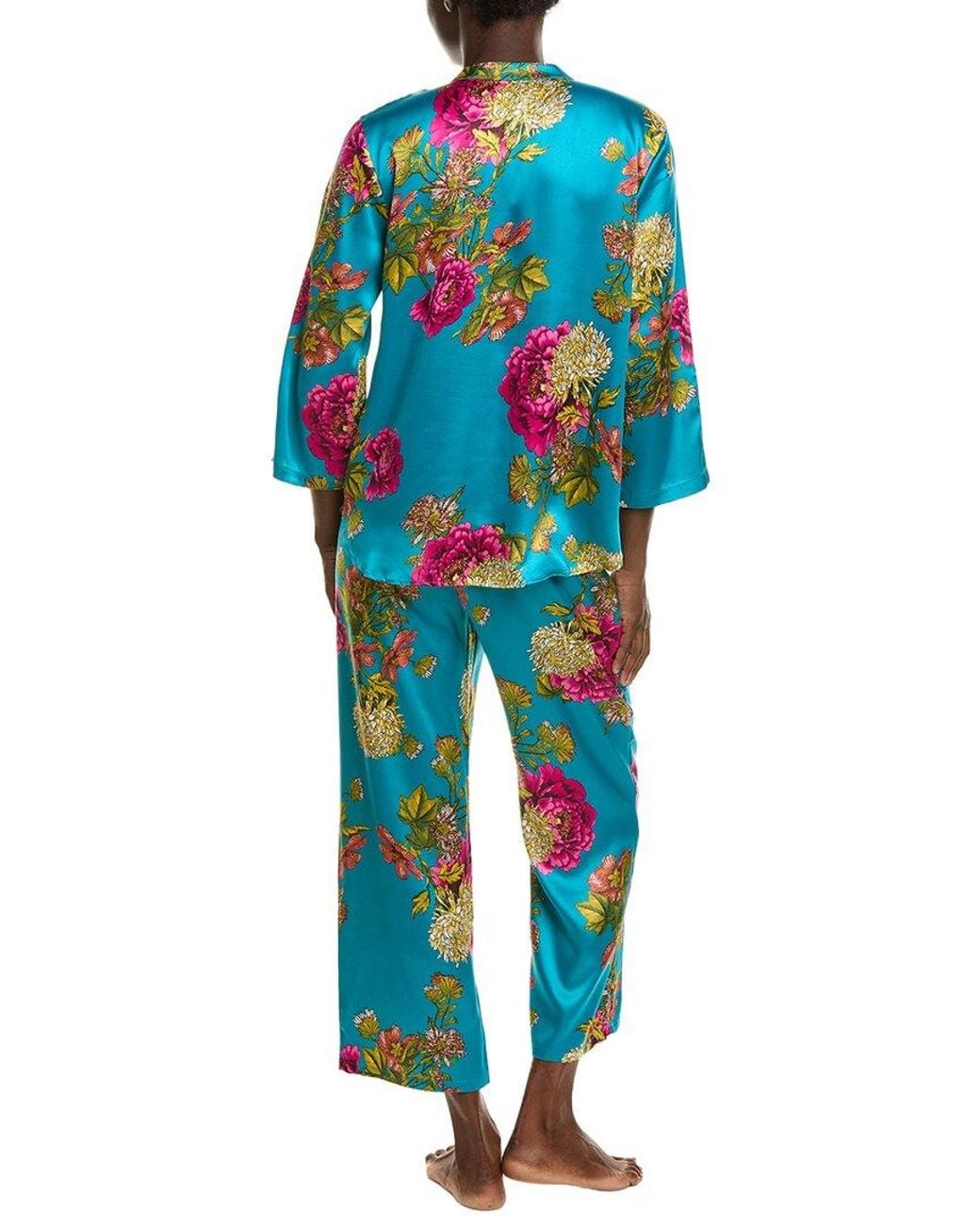 Natori Blue 2Pc Crysanthe Printed Satin Mandarin Pajama Set