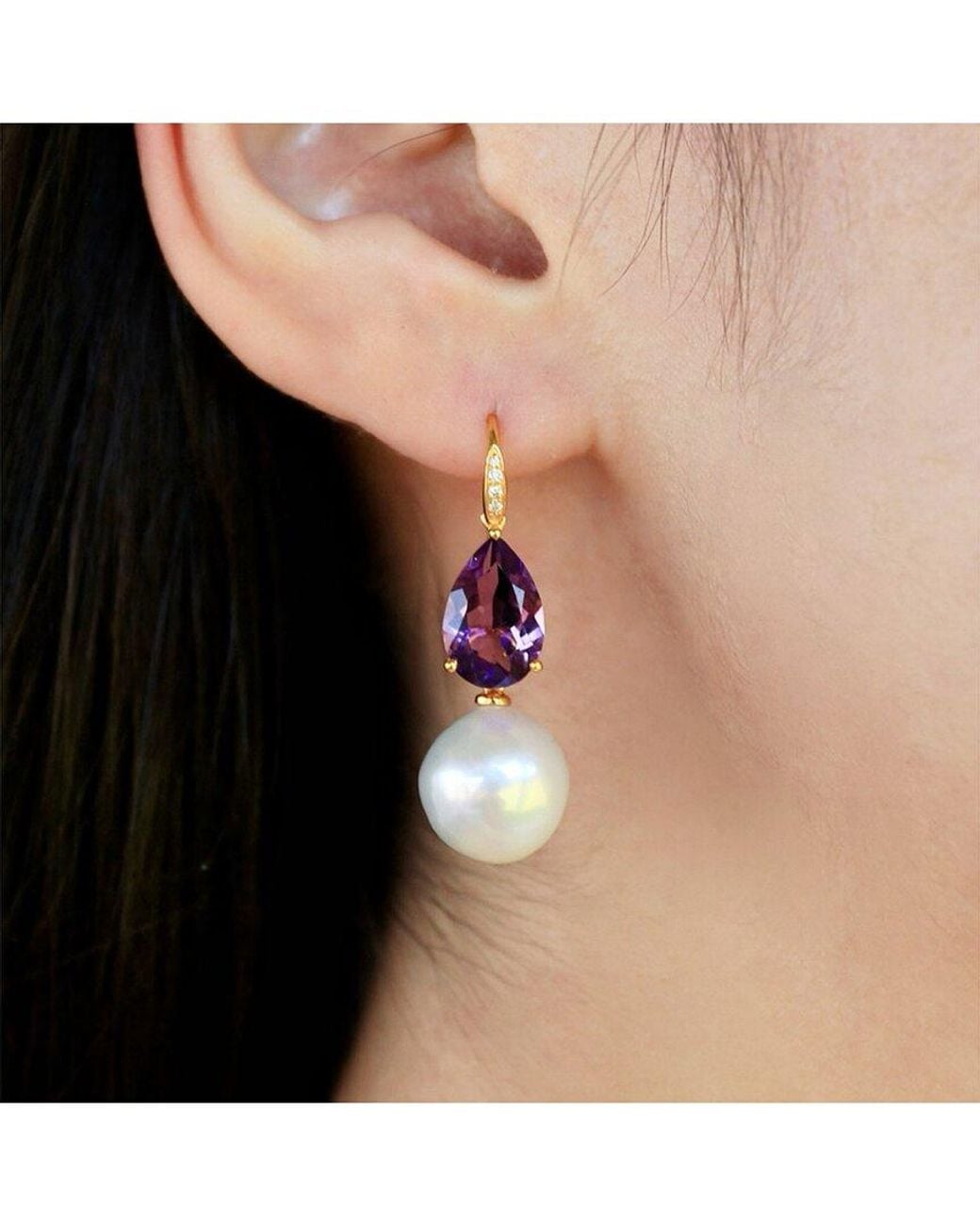 Kai Fine Jewelry Purple 14K 5.45 Ct. Tw. Diamond & Amethyst & 12-13Mm Pearl Drop Earrings