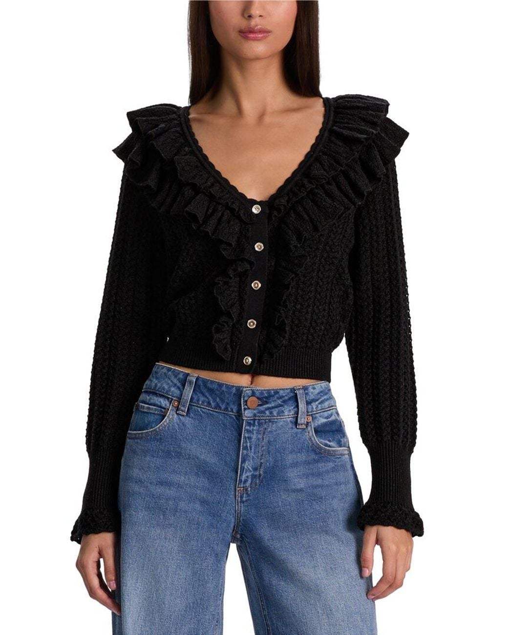Alice + Olivia Black Eileen Ruffle Wool Cardigan