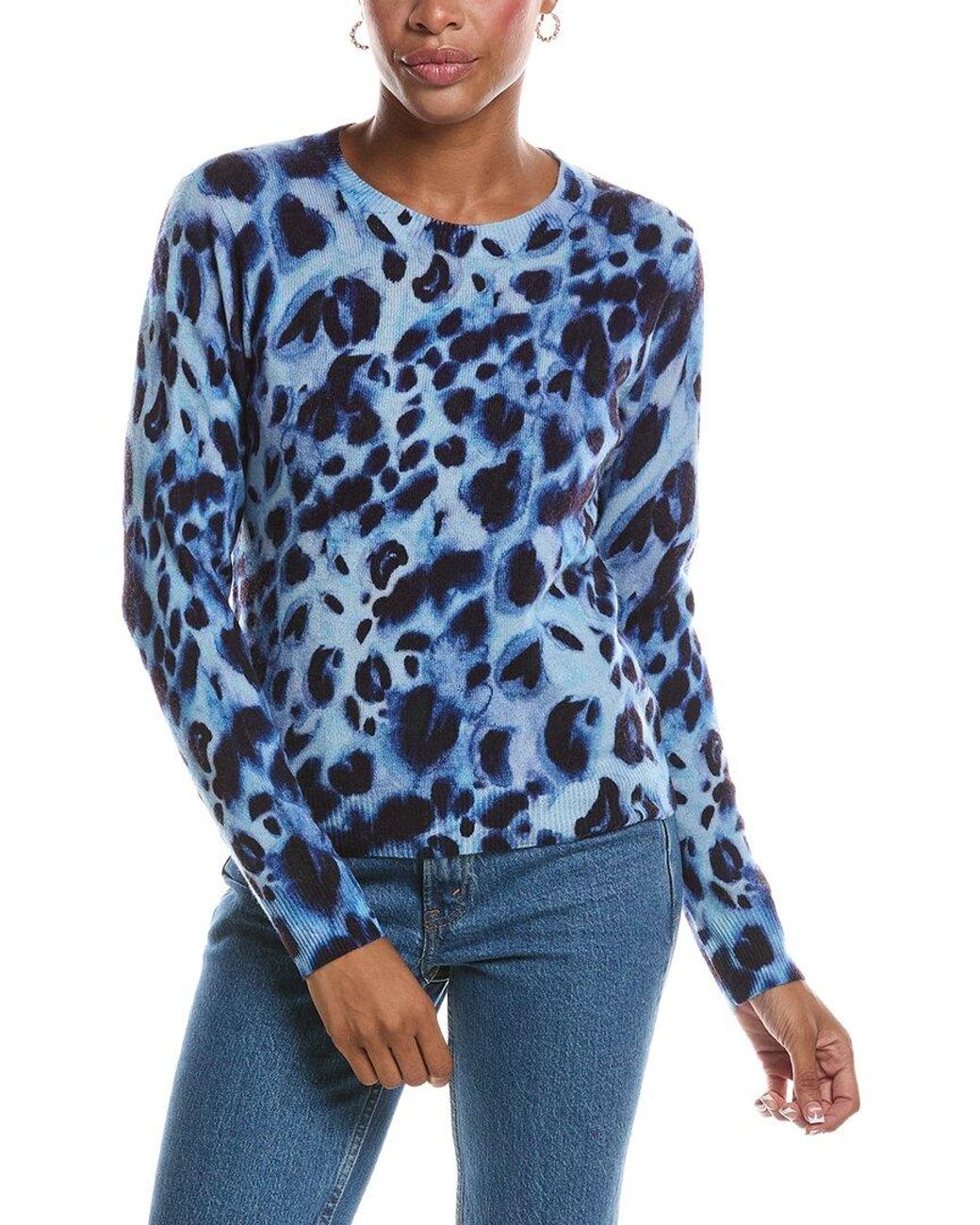 Autumn Cashmere Blue Watercolor Print Cheetah Crewneck 100% Cashmere Sweater