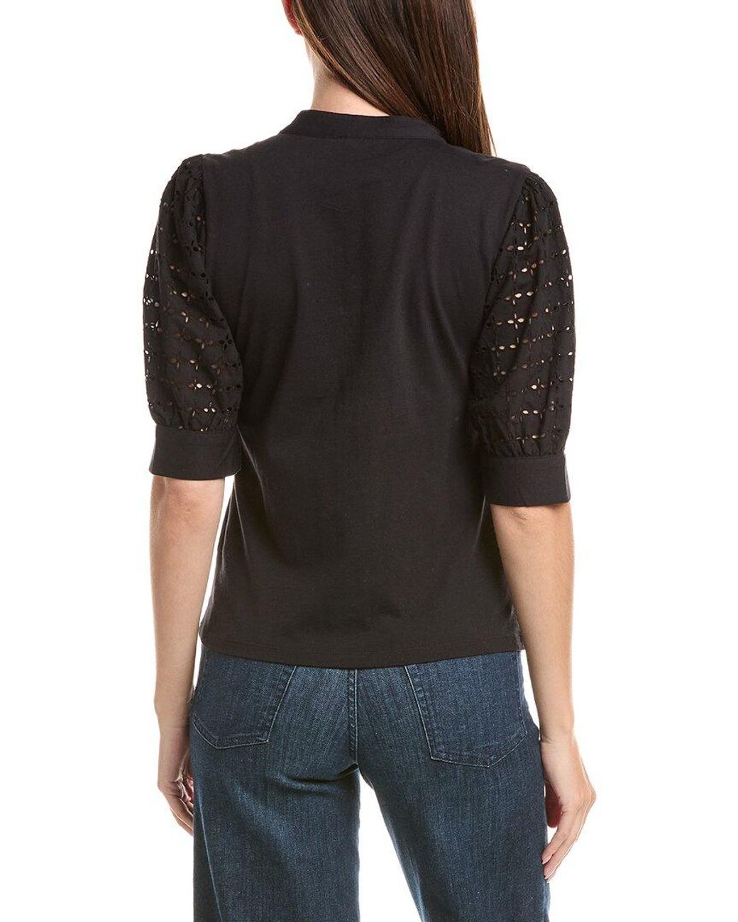 Cece Black Henley Mixed Media Top
