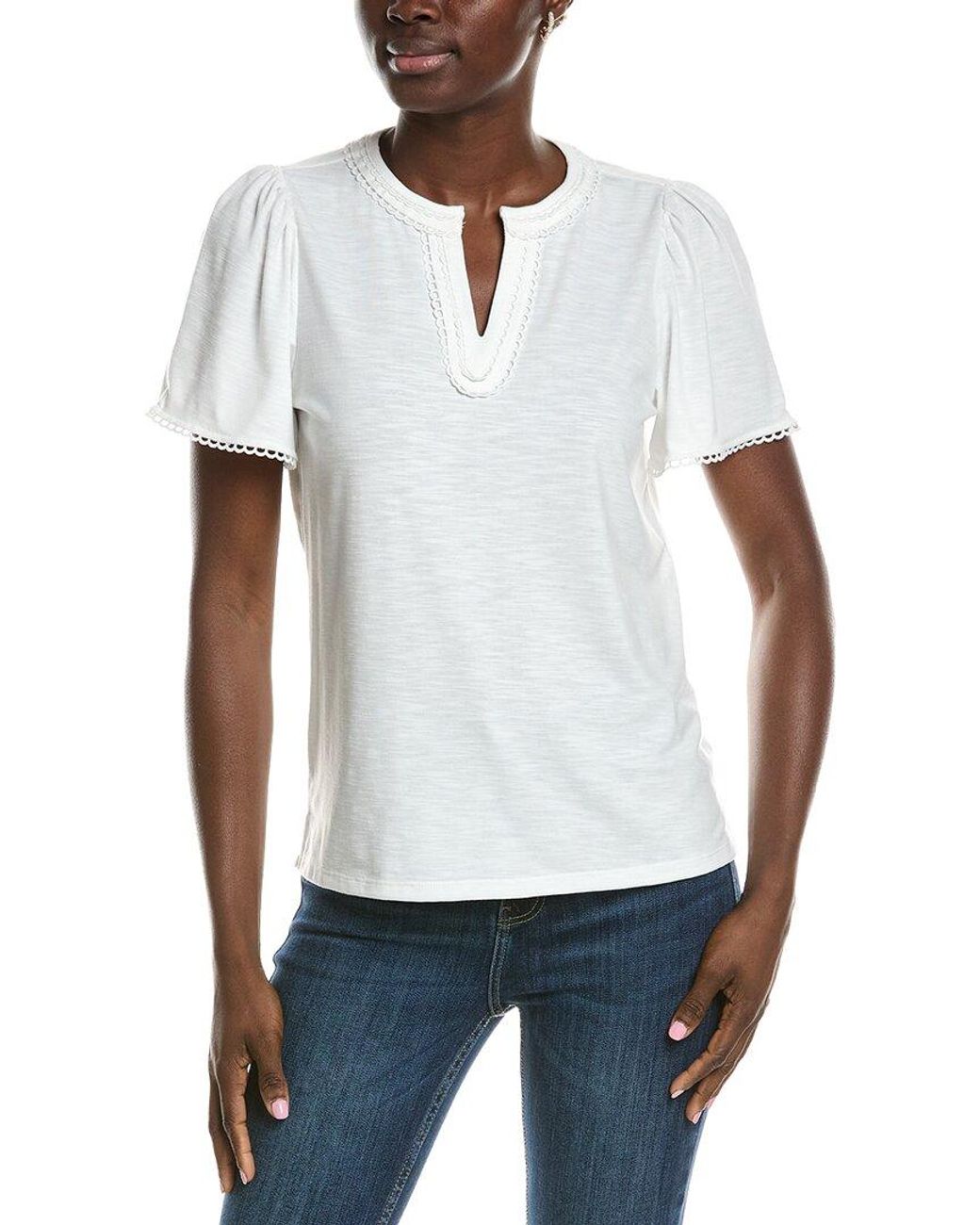 Jones New York White Drapey Slub Split Neck Top