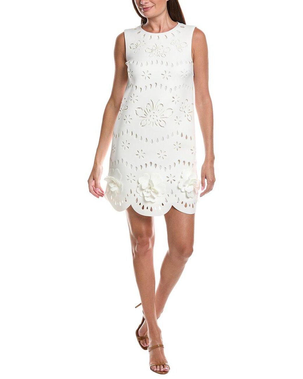 Badgley Mischka White Sleeveless Laser Cut Shift Dress