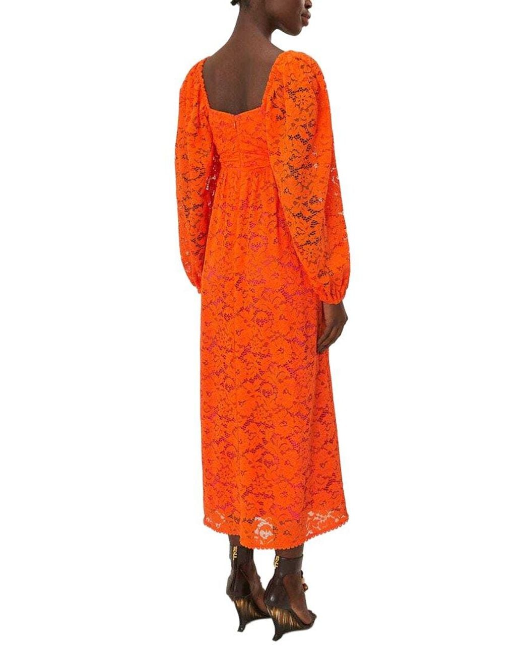 Farm Rio Orange Lace Long Sleeve Midi Dress