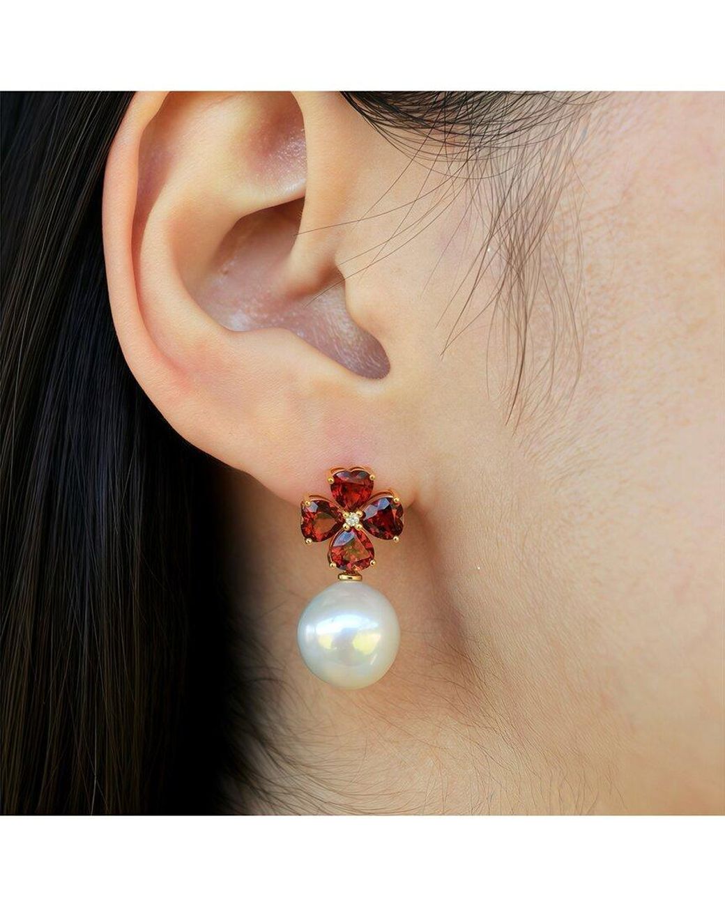 Kai Fine Jewelry Red 14K 4.93 Ct. Tw. Diamond & Garnet & 12-13Mm Pearl Drop Earrings