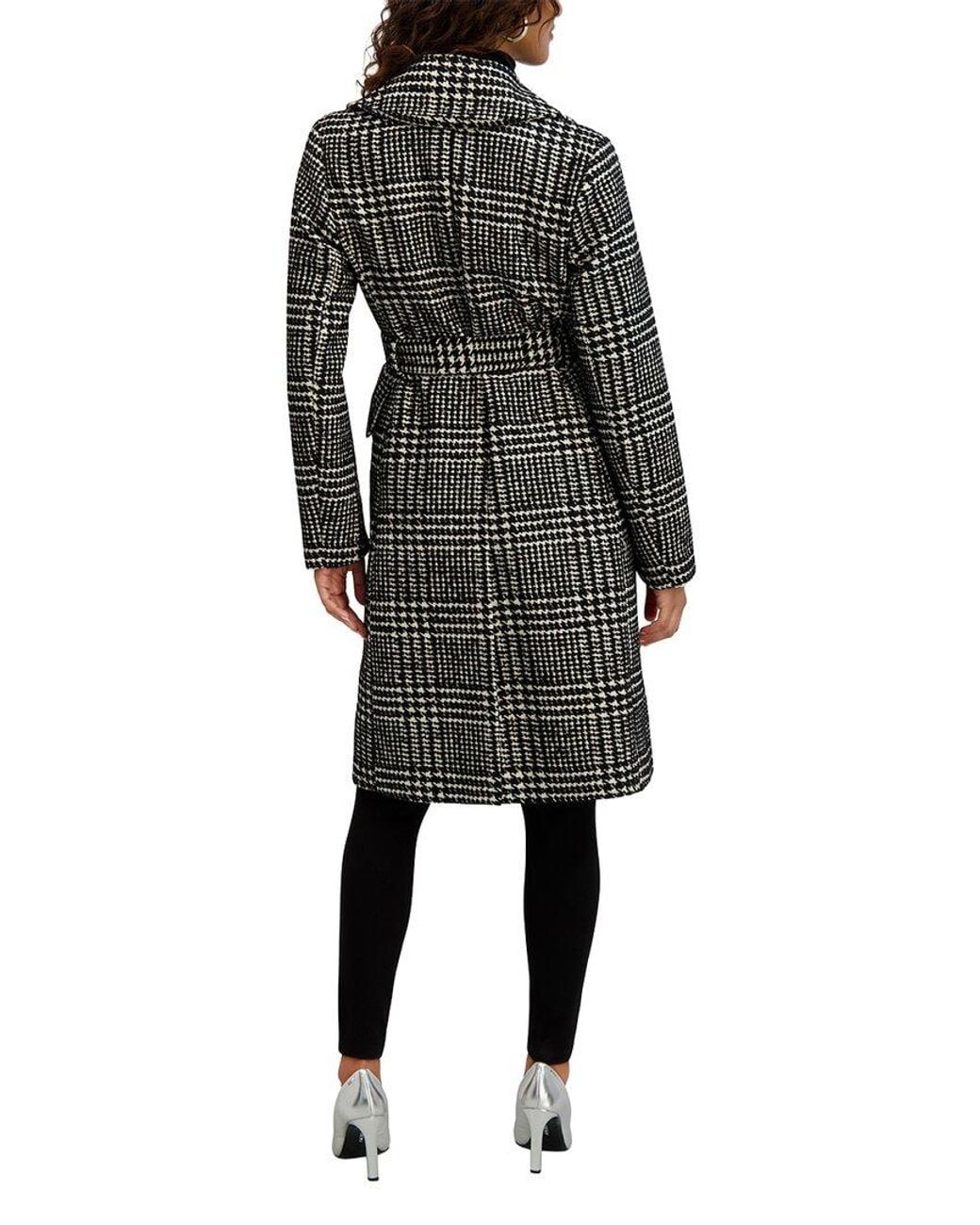 Kensie Black Textured Faux Wool Plaid Trench
