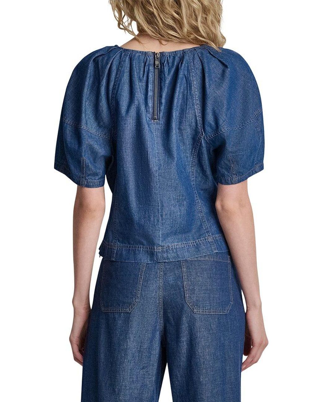 DKNY Blue Puff Button Sleeve Top