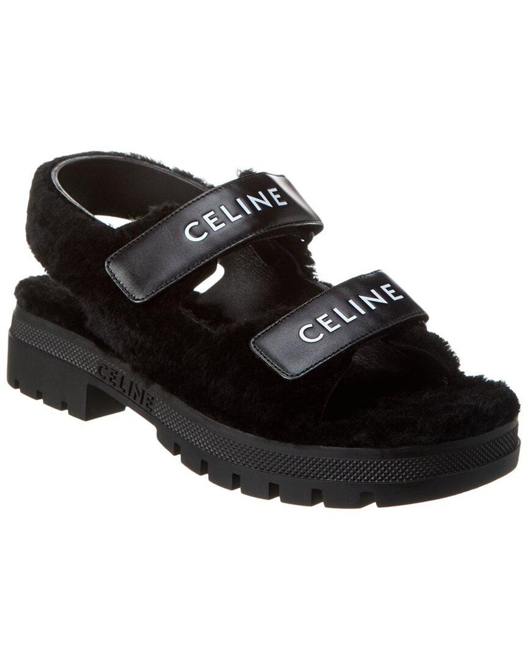 Celine Leo Shearling & Leather Sandal in Black