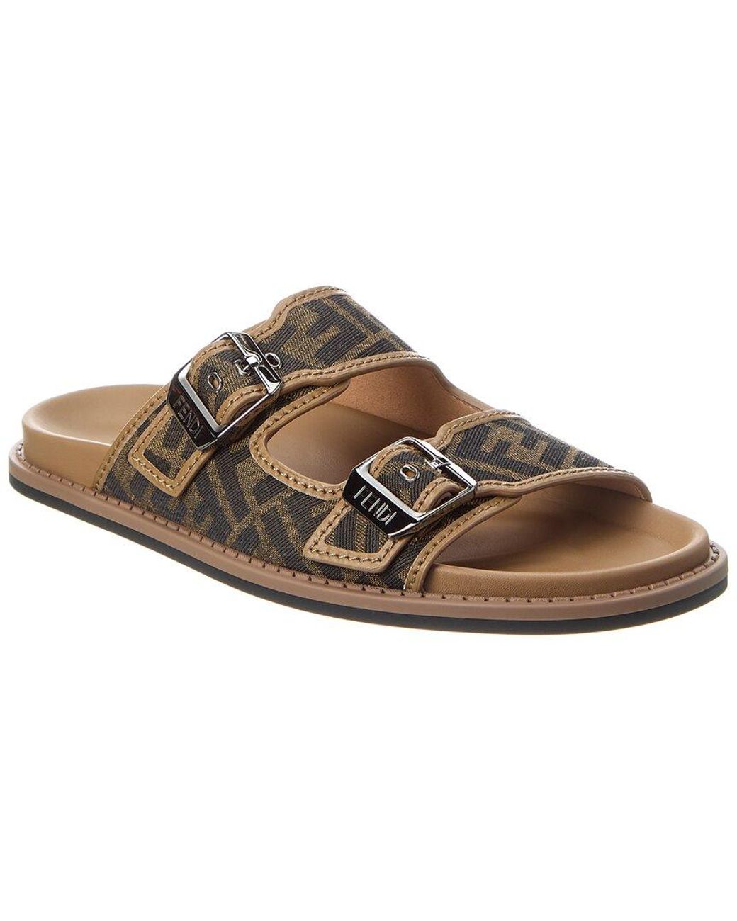 Fendi Brown Feel Ff Jacquard & Leather Sandal for men