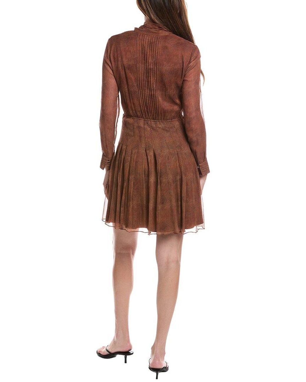 Lafayette 148 New York Brown Pintuck Bow Silk Dress